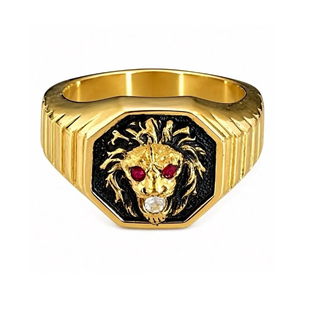 Vintage 1970s Ring Size 13 Clark Coombs Lions Head Crystal Eyes Gold Plate - 14P